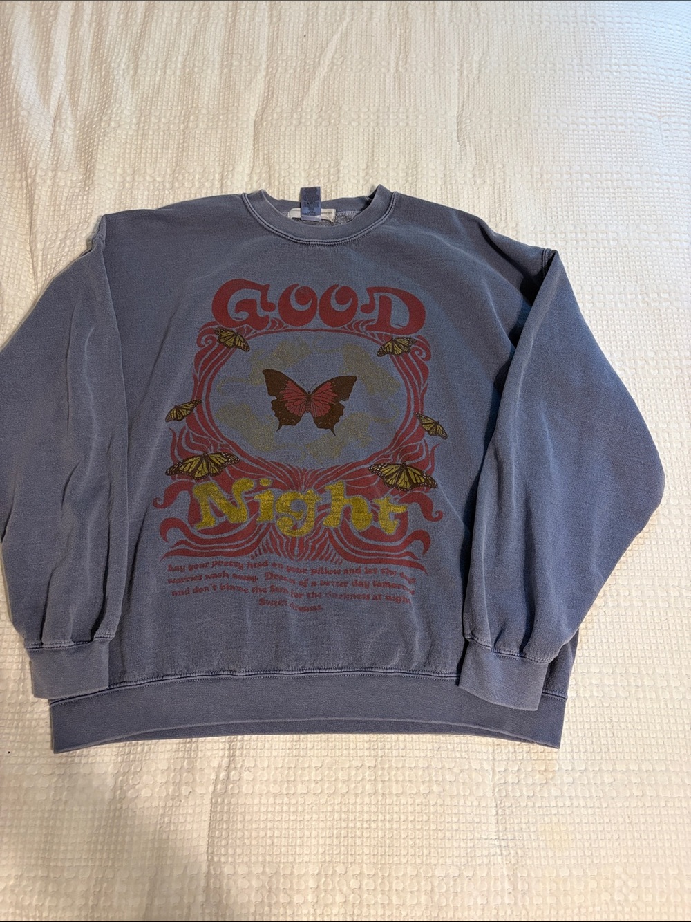 Urban Outfitters Blue Graphic Butterfly 'Good Night' Crewneck